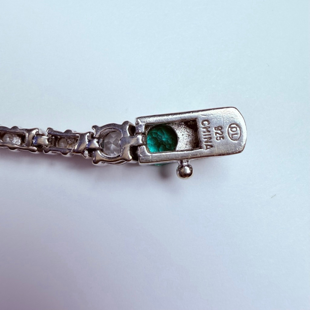 Art Deco Revival Emerald and Topaz Glass 925 Sterling Silver Tennis Bracelet - Picture 10 of 11
